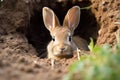 a small rabbit peeking from a burrow