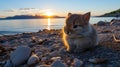 A small rabbit sitting on top of a rocky beach. Generative AI image. Royalty Free Stock Photo