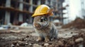 A small rabbit wearing a yellow hard hat sitting on top of dirt, AI Royalty Free Stock Photo