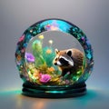 A small Raccoon in a transparent glass bowl filled with water and small colorful flowers Royalty Free Stock Photo
