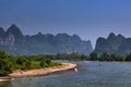 Small raft in the Li River with the tall limestone peaks in the background near Yangshuo in China