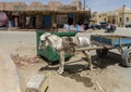 Small, ragged white donkey standing hitched to a worn wooden cart in downtown Siwa, Egypt.