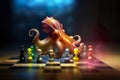Small rainbow octopus playing transparent rainbow chess on chessboard, AI generative