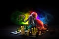 Small rainbow octopus playing transparent rainbow chess on chessboard, AI generative