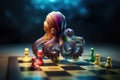 Small rainbow octopus playing transparent rainbow chess on chessboard, AI generative