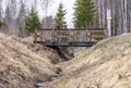 Small ravine with old brown grass after winter, early spring. Wooden small bridge over brook, mixed forest at background, pines Royalty Free Stock Photo