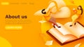 Small reading people flying above book. Education concept. School or university students. Website template.