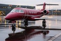 A small red airplane sitting on top of an airport tarmac. Generative AI image. Royalty Free Stock Photo
