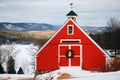 A small red barn, nestled in the highlands, is decorated for Christmas