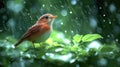 Small Red Bird in Rain Amid Lush Green Foliage Royalty Free Stock Photo