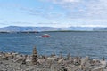 Small red boat in Faxafloi bay in Reykjavik, Iceland Royalty Free Stock Photo