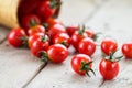 Small red cherry tomatoes spill out of a wicker basket Royalty Free Stock Photo