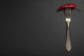 Fork with loaded chili pepper on black slate stone background - place for text Royalty Free Stock Photo