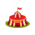 Small red circus tent with flag on top. Entertainment theme. Flat vector element for promo poster of fun fair Royalty Free Stock Photo