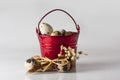 Small red decorative pail with eggs on the white background Royalty Free Stock Photo