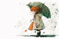 Small red hair girl under the big umbrella in the rain, cartoon style, copy space. Generative AI Royalty Free Stock Photo