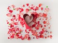 Small red heart made from red ribbon, on white background with rose petals . Composition for themes like love, valentine`s day, ho Royalty Free Stock Photo