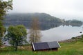 Small red house in norway at a lake Royalty Free Stock Photo