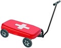 Small red plastic Medibox on four wheels handcart