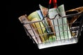 Small red shopping basket full of euro banknotes. Finance. Financial crisis. Banking system. Economic problem. Inflation. Royalty Free Stock Photo