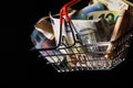 Small red shopping basket full of euro banknotes. Finance. Financial crisis. Banking system. Economic problem. Inflation. Royalty Free Stock Photo