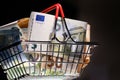 Small red shopping basket full of euro banknotes. Finance. Financial crisis. Banking system. Economic problem. Inflation. Royalty Free Stock Photo