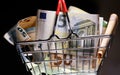 Small red shopping basket full of euro banknotes. Finance. Financial crisis. Banking system. Economic problem. Inflation. Royalty Free Stock Photo