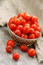 Small red tomatoes in a wicker basket on an old wooden table. Ripe and juicy cherry Royalty Free Stock Photo