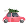 Small Red Vintage Car And Christmas Tree