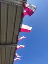 Small red and white flags against a blue sky background. Indonesian independence day celebration. Royalty Free Stock Photo