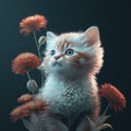 Small red and white kitten sitting near bright flowers. Funny cat and blossom on dark background. Greeting card concept Royalty Free Stock Photo