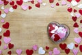 Small Red White and Pink Hearts in Heart-Shaped Dish Royalty Free Stock Photo