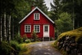 Small red wooden house in sun light. Generate Ai Royalty Free Stock Photo