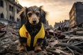 small rescue dog on the ruins of a destroyed building after an earthquake