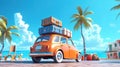 Small retro car with baggage, luggage and beach equipment on the roof, fully packed, ready for summer vacation. Generative Ai Royalty Free Stock Photo