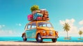 Small retro car with baggage, luggage and beach equipment on the roof, fully packed, ready for summer vacation. Generative Ai Royalty Free Stock Photo