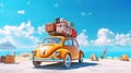 Small retro car with baggage, luggage and beach equipment on the roof, fully packed, ready for summer vacation. Generative Ai Royalty Free Stock Photo