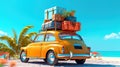 Small retro car with baggage, luggage and beach equipment on the roof, fully packed, ready for summer vacation. Generative Ai Royalty Free Stock Photo