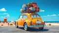 Small retro car with baggage, luggage and beach equipment on the roof, fully packed, ready for summer vacation. Generative Ai Royalty Free Stock Photo