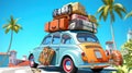 Small retro car with baggage, luggage and beach equipment on the roof, fully packed, ready for summer vacation. Generative Ai Royalty Free Stock Photo