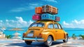 Small retro car with baggage, luggage and beach equipment on the roof, fully packed, ready for summer vacation. Generative Ai Royalty Free Stock Photo