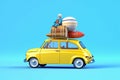 a small retro car packed with luggage and beach equipment on the roof, perfect for a summer road trip. The blue background and Royalty Free Stock Photo