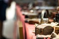 Small retro jewelry wooden box on a large table in a street vintage market in Croacia Royalty Free Stock Photo