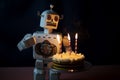 Small retro robot with cake and lit candles. Generative AI
