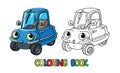 Funny small retro car with eyes. Coloring book