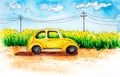 Small retro yellow car, concept of a road trip with family and friends. Hand drawn watercolor illustration.