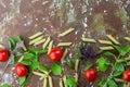 Small ripe tomatoes, fresh basil ,pasta top view Royalty Free Stock Photo