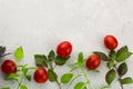 Small ripe tomatoes, fresh basil top view Royalty Free Stock Photo