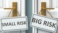 Small risk or big risk as a choice in life - pictured as words Small risk, big risk on doors to show that Small risk and big risk Royalty Free Stock Photo