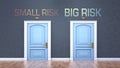 Small risk and big risk as a choice - pictured as words Small risk, big risk on doors to show that Small risk and big risk are Royalty Free Stock Photo